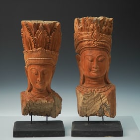 Pair of Hand-Carved Southeast Asian Wooden Temple Guardian Busts