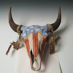 Painted Buffalo Skull with Feathers and Bells