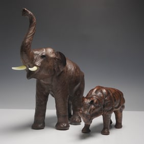 2pc Leather Wrapped Elephant and Rhino Figurines