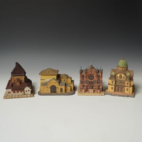 4pc Reuven Masel Synagogue Miniature Banks, Hand Painted