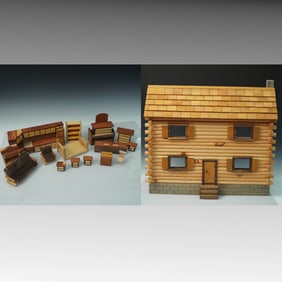 17pc Log Cabin Dollhouse and Furniture Group