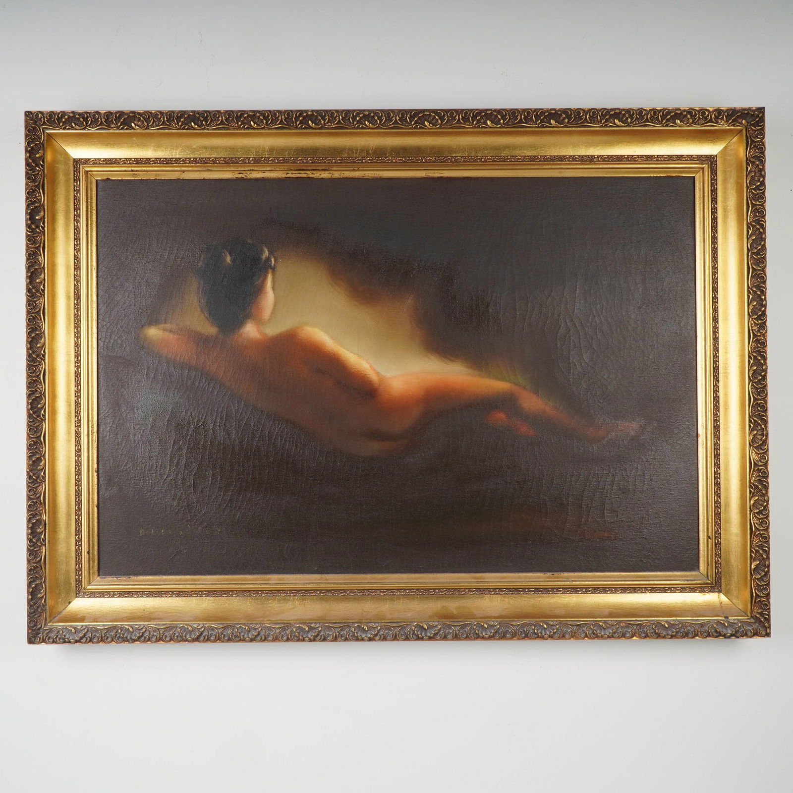 Dolores G. Valdes, Original Oil on Canvas, Reclining Nude, Signed: Atmospheric oil on canvas painting by Hispanic American artist Dolores G. Valdes, depicting a reclining nude figure bathed in warm ambient light. Executed in soft, radiant tones, the piece captures a