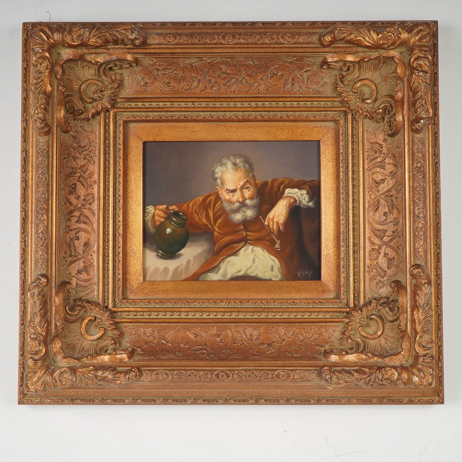 Original W. Dawson Old Man With Pipe Oil Painting