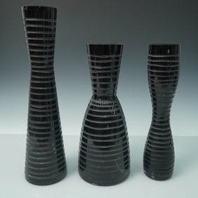 3pc Black Glass Vases with Striped Banding