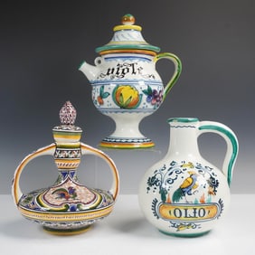3pc Hand-Painted Ceramic Oil and Vinegar Jugs, Italy & Portugal