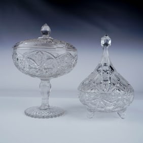 2pc Cut Glass Candy Dishes with Lids