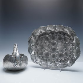 2pc Arthur Court Aluminum Serveware, Armadillo Basket and Shell Platter