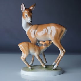 Herend Porcelain Naturalistic Figurine, Roe and Bambi
