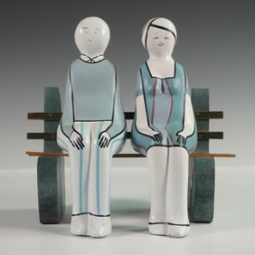 3pc Modernist Painted Ceramic Couple on Bench