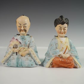 2pc Asian-Inspired Porcelain Nodding Figurines, Seated Couple