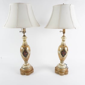 Pair of Hand-Painted Gilt Table Lamps with Floral Motif