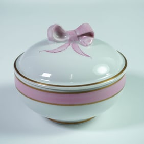 Chamart Limoges Porcelain Lidded Box with Pink Bow Finial