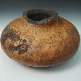 Large Hand Turned Burl Wood Vessel with Charred Rim
