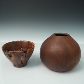2pc Hand Turned Wood Bowl and Vase, Signed