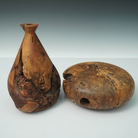2pc Signed Burl Wood Vessels, 1989