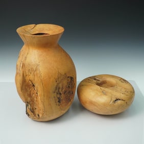 2pc Spalted Wood Turned Forms, Vessel and Hollow Form