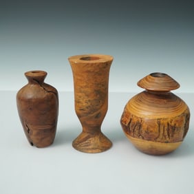 3pc Burl Wood Turned Vases and Vessel, Signed