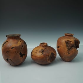 3pc Hand-Turned Burl Wood Vases, Signed