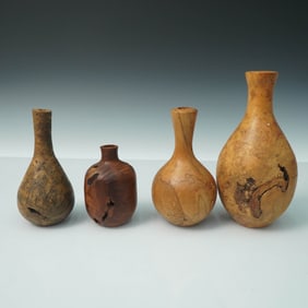 4pc Hand Turned Burl Wood Vases, Signed