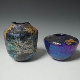 2pc Raku Style Art Pottery Vases with Metallic Glaze