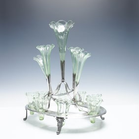 14pc Victorian Epergne Centerpiece with Mixed Glass & Uranium Glass Flutes
