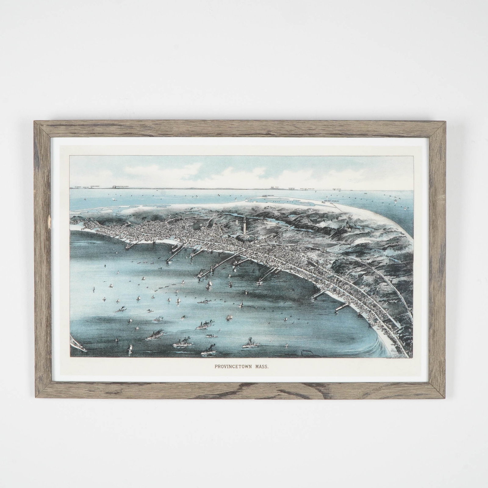 Antique Lithograph on Paper, Bird's Eye View of Provincetown, Massachusetts: Antique color lithograph on paper of an aerial view of Provincetown in 1910, Massachusetts, originally published by George W. Walker Lithographers in Boston. This highly detailed bird's-eye perspectiv