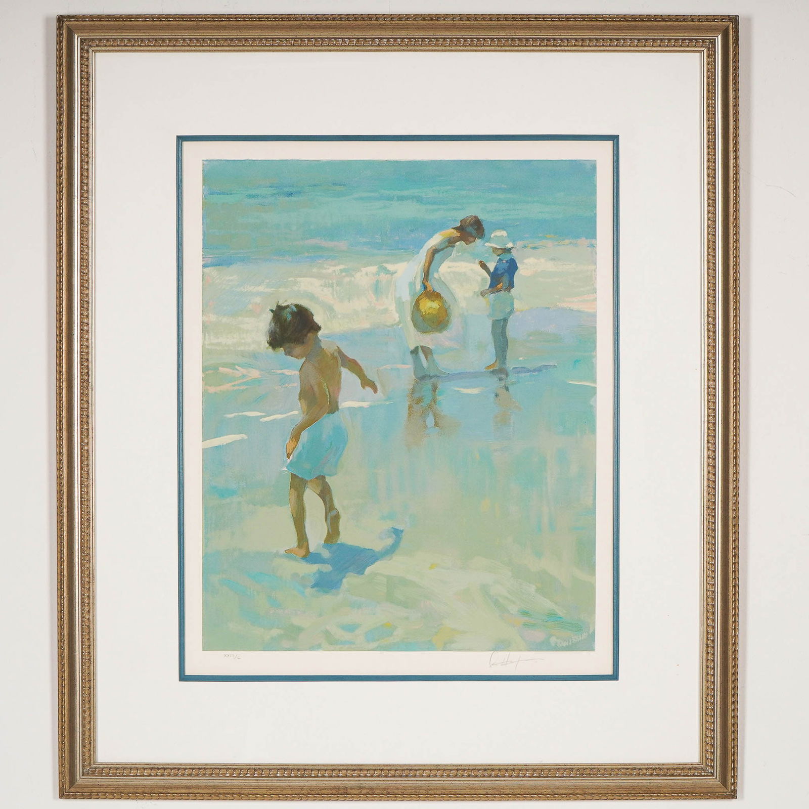 Don Hatfield, Serigraph on Paper, Special Time, Signed & COA: Limited edition color serigraph on paper by American artist Don Hatfield, titled Special Time featuring a serene beachside moment with a woman and two children wading at the shoreline. Rendered in sof