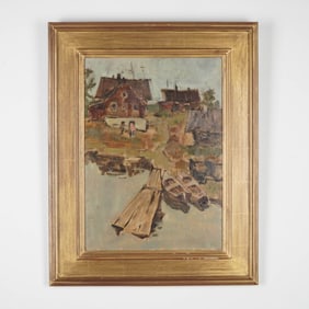Gennadi Bernadski, Oil on Canvas Painting, Village Scene w/ Boats, Signed