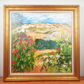 Mayte Camara, Oil on Canvas Painting, Mediterranean Village Scene, Signed