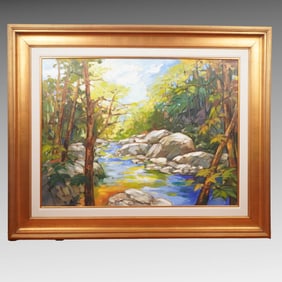 Post-Impressionist Oil on Canvas Painting, Sunny Forest Scene, Signed