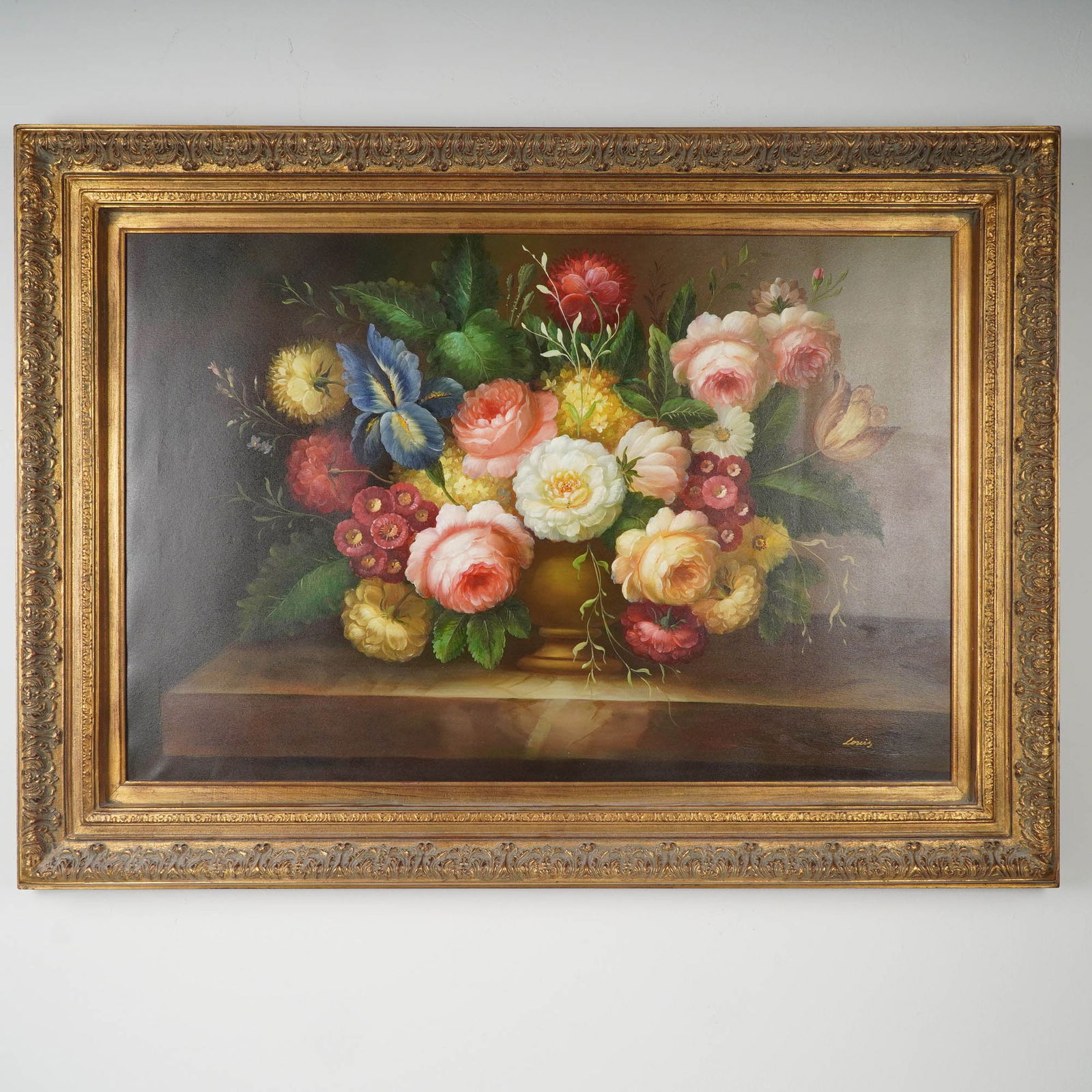 Louis, Oil on Canvas Painting, Floral Still-Life, Signed & COA: Imposing oil on canvas floral still life painting depicting a lush bouquet of garden blooms in a golden urn, arranged on a marble surface. The composition features a vibrant array of flowers, includin