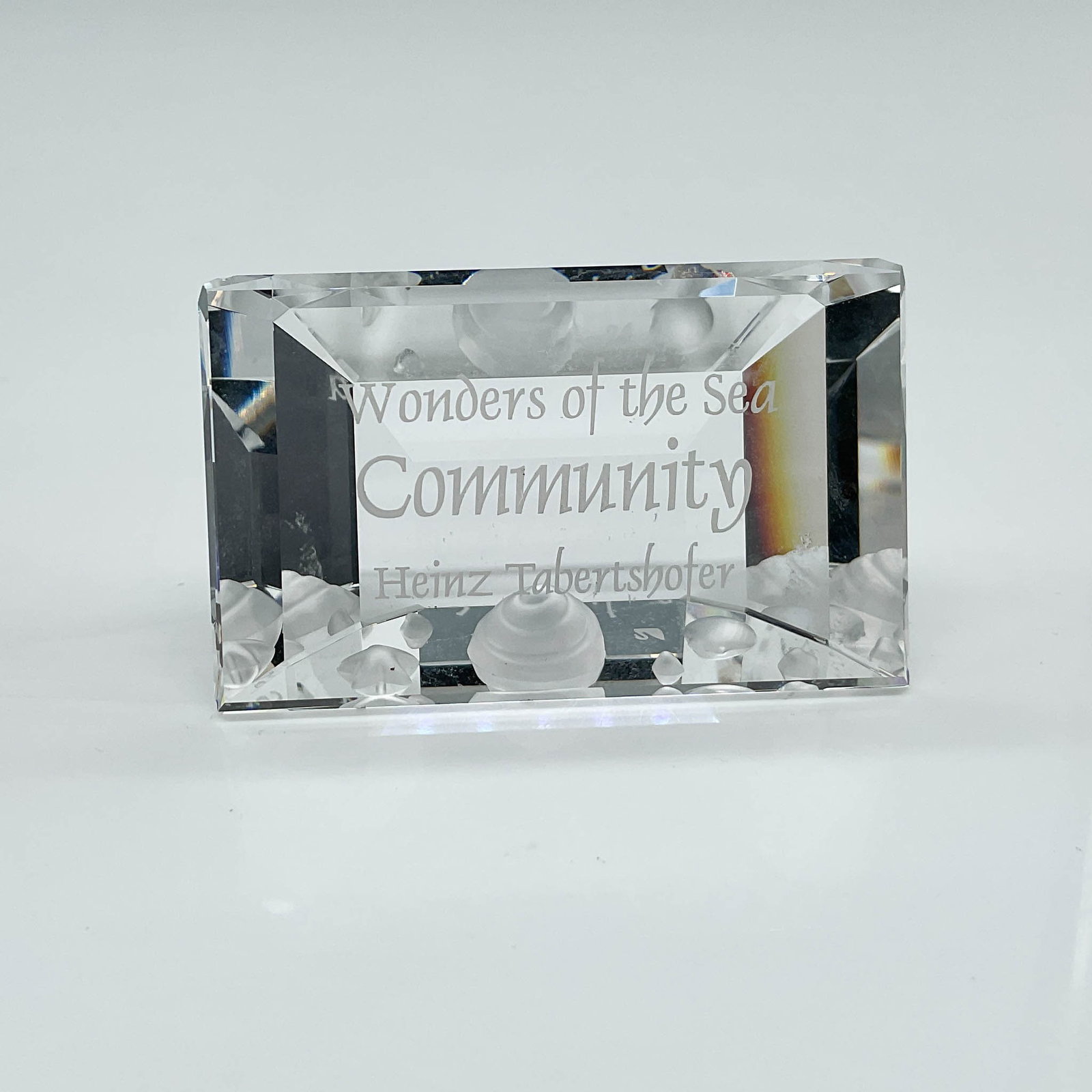 Swarovski Crystal Plaque, Wonders of the Sea: Clear crystal inscribed plaque released in 2007. Adorned with seashells and artist name. Artist: Heinz Tabertshofer Dimensions: 1.5"H Country of Origin: Austria