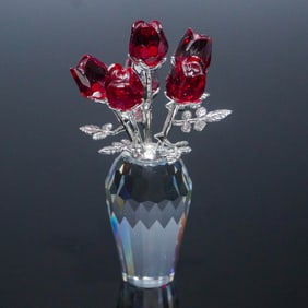 Swarovski Crystal Figurine, Ruby Red Roses in Vase, with Original Box