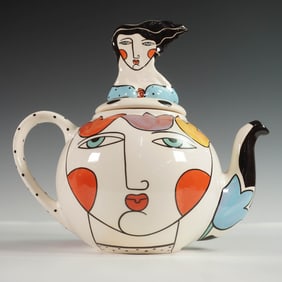 Muffy Abstract Ceramic Teapot with Woman Lid Finial