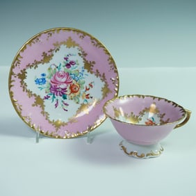 2pc D.T. Limoges Pink and Gold Floral Porcelain Teacup and Saucer Set