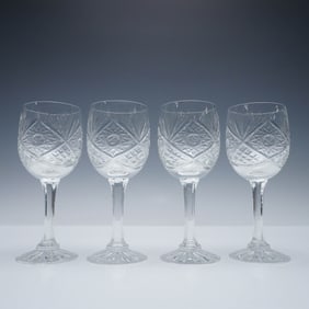 4pc Cut Crystal Water Glasses, Diamond and Fan Design