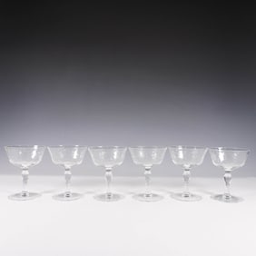 6pc Etched Crystal Coupe Glasses with Faceted Stems