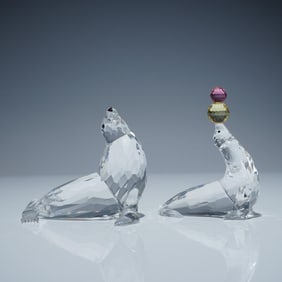 2pc Swarovski Crystal Figurines, Seal Playing and Sea Lion Mother