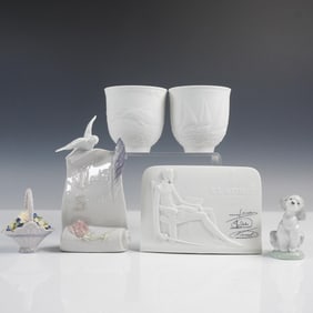 6pc Lladro Porcelain Figurines, Candle Holders, and Plaques
