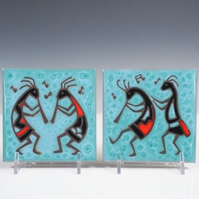 2pc Cleo Teissedre Kokopelli Ceramic Tile Set