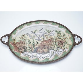 Chinese Hand Painted Porcelain and Metal Tray
