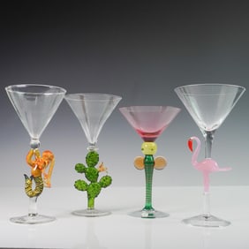 4pc Figural Martini Glasses with Mermaid, Cactus, Elephant & Flamingo Stems