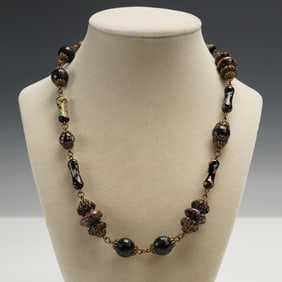 Vintage Venetian Murano Glass Beaded Necklace with Filigree Caps