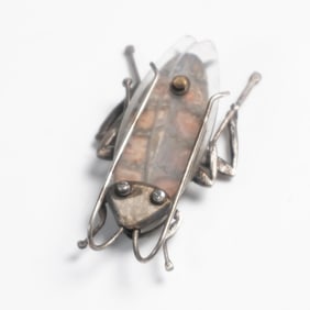 Designer Signed Mixed Metal and Stone Inlay Grasshopper Brooch