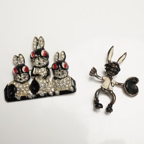 2pc Vintage Rabbit Brooch Lot, Rhinestone and Enamel