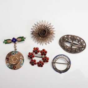 5pc Sterling and Enamel Brooch Lot, Denmark and Portugal