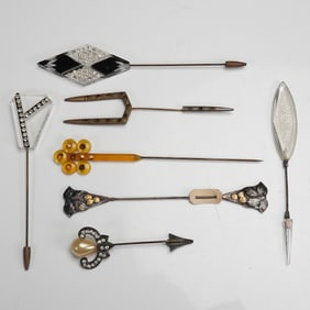 7pc Vintage Hat Pin Collection with Art Deco and Floral Designs