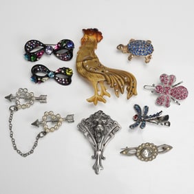9pc Mid-Century Brooch and Pin Lot, Hollycraft and Pewter Marked