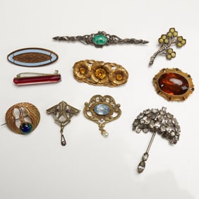 10pc Antique and Vintage Brooch Lot, Including Sterling