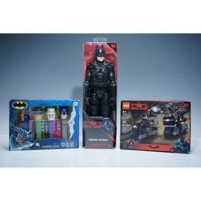 3pc Batman Collectible Set, LEGO Motorcycle Chase, Wingsuit Batman and PEZ